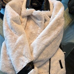 Express Women's Cream Teddy Jacket with Black Accents